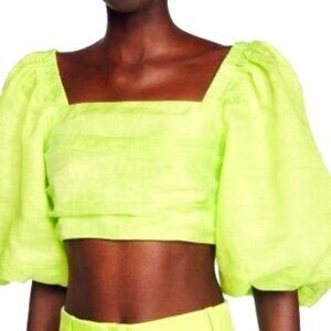 Sandro Gathered Bright Green Crop Top Puff Sleeves
